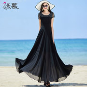 黑色连衣裙女长款2023夏季收腰显瘦雪纺长裙时尚蕾丝拼接气质