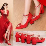 亮片婚鞋女红色粗跟舒适新娘鞋高跟尖头婚纱鞋平跟结婚鞋敬酒红鞋