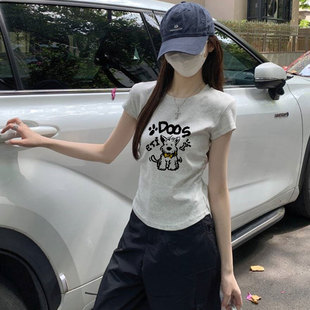 灰色正肩纯棉短袖t恤女装2025新款夏季清纯系掐腰小众设计感上衣