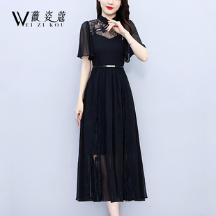 新中式连衣裙2024女装夏季气质高端显瘦黑色蕾丝雪纺中长裙子