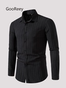 gooreey男波浪竖条纹纯棉，长袖舒适衬衫时尚潮流大码休闲衬衣