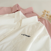 木夏~日系小清新白色，粉色口袋刺绣翻领，纯色宽松短袖衬衫女