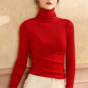 反季羊绒高领毛衣女网红紧身打底衫修身红色，羊毛针织衫薄款