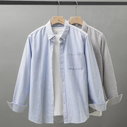 美式复古蓝条纹衬衫男高级感宽松长袖口袋设计感工装衬衣休闲寸衫