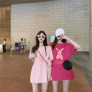 跨境兔子印花短袖圆领，t恤女夏季韩版宽松闺蜜装粉红色上衣女