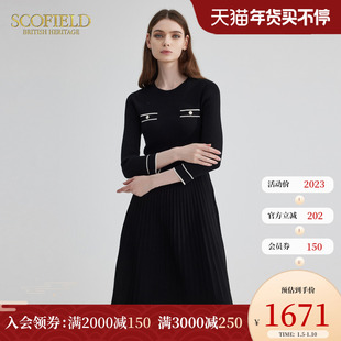 scofield小香风圆领，收腰气质黑色长袖连衣裙，女装2023年春季