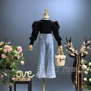 欧美女童装春秋季泡泡袖T恤喇叭裤两件套韩版中大童百搭时尚套装