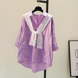 紫色配蕾丝披肩纯棉衬衫女2024春季韩版宽松休闲衬衣文艺上衣