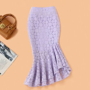 不规则紫色蕾丝半身裙薄女夏高腰(夏高腰)裙子，包臀中长款开衩白色鱼尾半裙