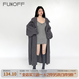 FUNOFF 慵懒格雷系翻领毛衣针织开衫外套百搭宽松灰色冬毛织上衣