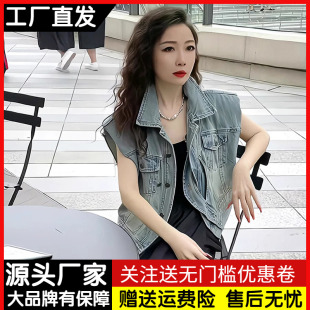 不规则垫肩牛仔马甲外套女夏季欧货复古宽松无袖坎肩背心马夹短款