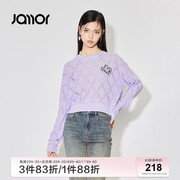 jamor紫色圆领时尚针织衫女2024春季格纹纯色，通勤上衣加末