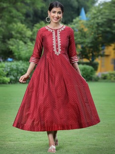 印度进口连衣裙丝绵含内衬刺绣印花民族，风长裙印巴风情红色