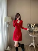 春节女装a字秋冬款连衣裙长袖高档小个子新年休闲红色遮肚子