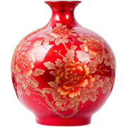 水晶釉陶瓷器落地花瓶摆件中国红色景德镇客厅，插花新中式结婚