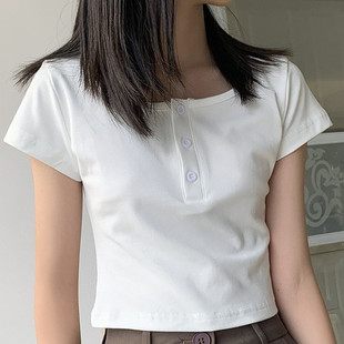 白色超短款短袖漏脐T恤女辣妹主播2023方领设计感上衣时尚打底衫