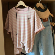 条纹t恤女士夏季短袖，修身超火小个子粉色上衣2022年体恤棉质