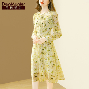 丹慕妮尔法式印花雪纺连衣裙，女2024春季气质，收腰设计感中长裙