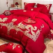 高档中式龙凤刺绣结婚四件套大红色床单被套纯棉喜被婚庆床上用品