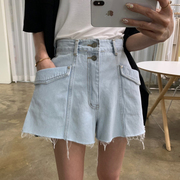 时尚个性水洗牛仔裤女夏季法式复古抽丝大口袋，设计高腰阔腿裤短裤