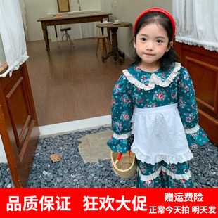 韩国童裙春秋波西米亚，裙子儿童蕾丝花边，领连衣裙印花女童长裙