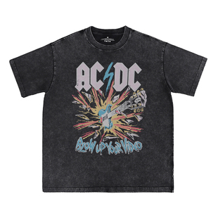 ACDC数码直喷水洗做旧复古美式街头朋克摇滚乐队长袖宽松短袖T恤