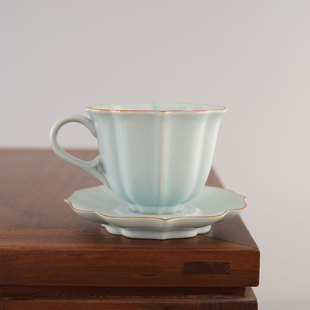 汝窑天青色玛瑙釉，茶道复古中式陶瓷，冰裂海棠花瓣青瓷水杯咖啡杯