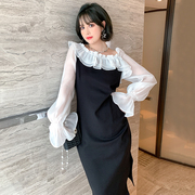 MIUCO胖妹妹黑白礼服裙设计感斜领荷叶边袖包臀连衣裙