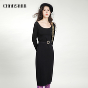 香莎chansarr简约气质黑色，圆领长袖连衣裙优雅复古修身显瘦长裙
