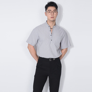 川泽男士短袖衬衫夏季韩版棉质宽松细条纹立领套头衬衣百搭上衣潮