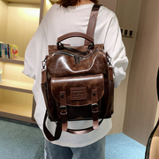 韩版潮森系软皮双肩包女2023复古休闲学生书包，大容量两用背包