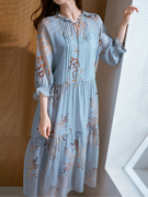 蓝色印花气质女神范高档(范高档)真丝，连衣裙显瘦两件套甜美超仙百褶裙夏季