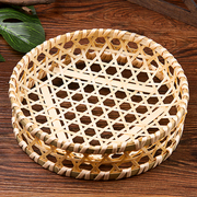 镂空竹篮子竹编托盘圆形竹筐，竹篓手工编织盘子，收纳馒头筐创意餐具