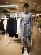 HM购韩版蓝色条纹绑带系带长袖衬衫式连衣裙女裙1211490