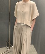 韩版chic时尚套装简约纯色，圆领套头短款针织衫，+高腰休闲西装长裤