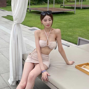 韩国ins挂脖高腰比基尼泳衣女，夏小胸性感辣妹裙式三件套度假温泉