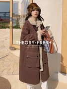 theoryfresh法式高级感工装羊羔，毛棉服(毛棉服，)女中长款加厚保暖帅气外套