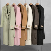 2023韩国粉色双面西服领绿色，羊绒大衣灰色，腰带修身长款驼色呢外套