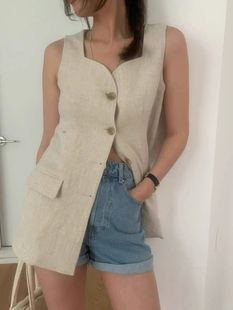 韩国chic夏季复古气质方领单排扣百搭显瘦中长款无袖马甲背心上衣