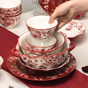 中国风餐具饭碗盘子家用2023结婚喜庆玫瑰红色陶瓷碗碟盘