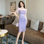 紫色收腰修身包臀显瘦网纱，蕾丝连衣裙中长款质感，气质夏季小众裙子