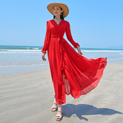独特设计感连衣裙2024女红色雪纺收腰显瘦长裙沙滩裙海边度假