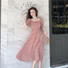 春夏2021韩版法式波点短袖连衣裙气质清新甜美桔梗仙女裙子