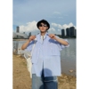 bangboy夏季蓝色条纹衬衫男短袖，小众设计感拼接休闲五分袖衬衣ins
