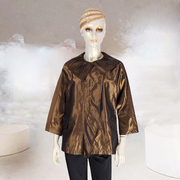 香港名师路秋冬装时尚朋克风格，金属丝金咖色大翻领宽松风衣外套