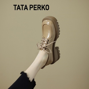 tataperko联名法式乐福，鞋厚底奶，茶色单鞋系带复古女粗高跟鞋