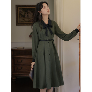 知性优雅气质女装秋季教师穿搭面试连衣裙子小个子绿色格子衬衫裙