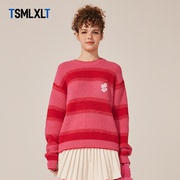 TSMLXLT TT潮牌新年撞色条纹毛衣套头圆领红色上衣宽松印花毛线衣