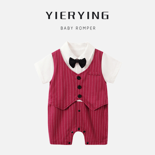 男宝宝周岁礼服短袖婴儿西装抓周百天宴红色连体衣男童绅士套装
