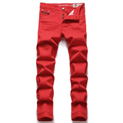 时尚男青年纯红色牛仔裤，修身纽扣中腰小脚，裤潮流行休闲长裤夏